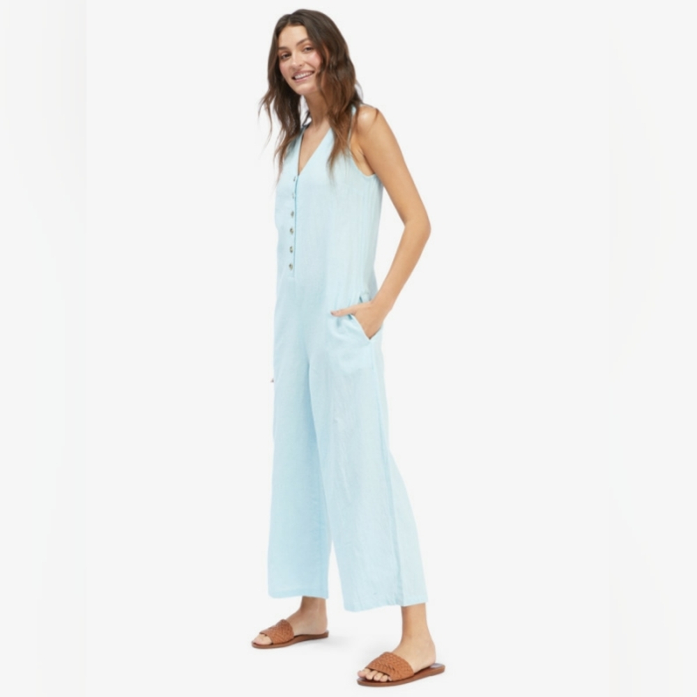 Roxy Light Blue Sleeveless Wide-Leg Jumpsuit